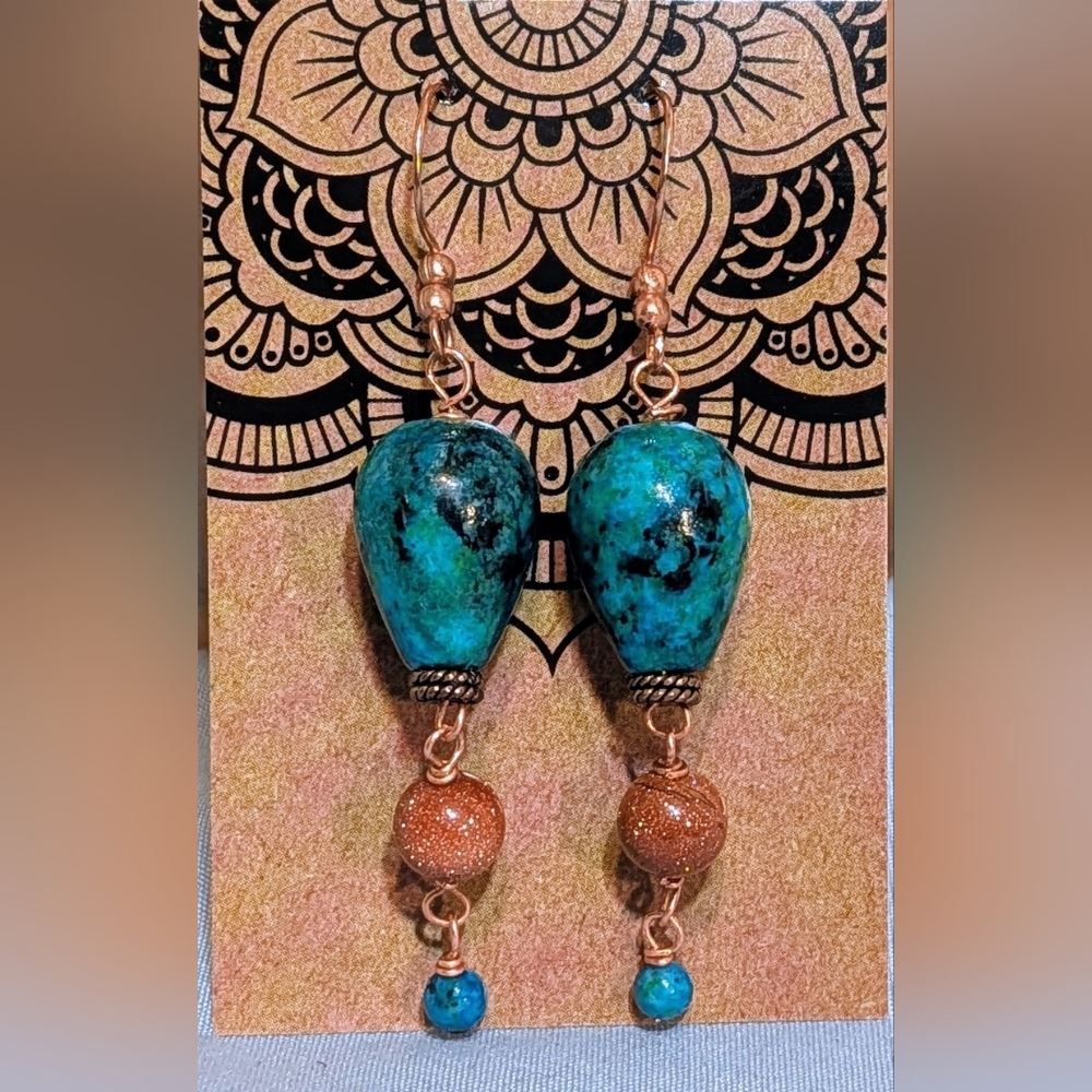 Goldstone Gold Sandstone and Chrysocolla Genuine Gemstone Earrings with Copper